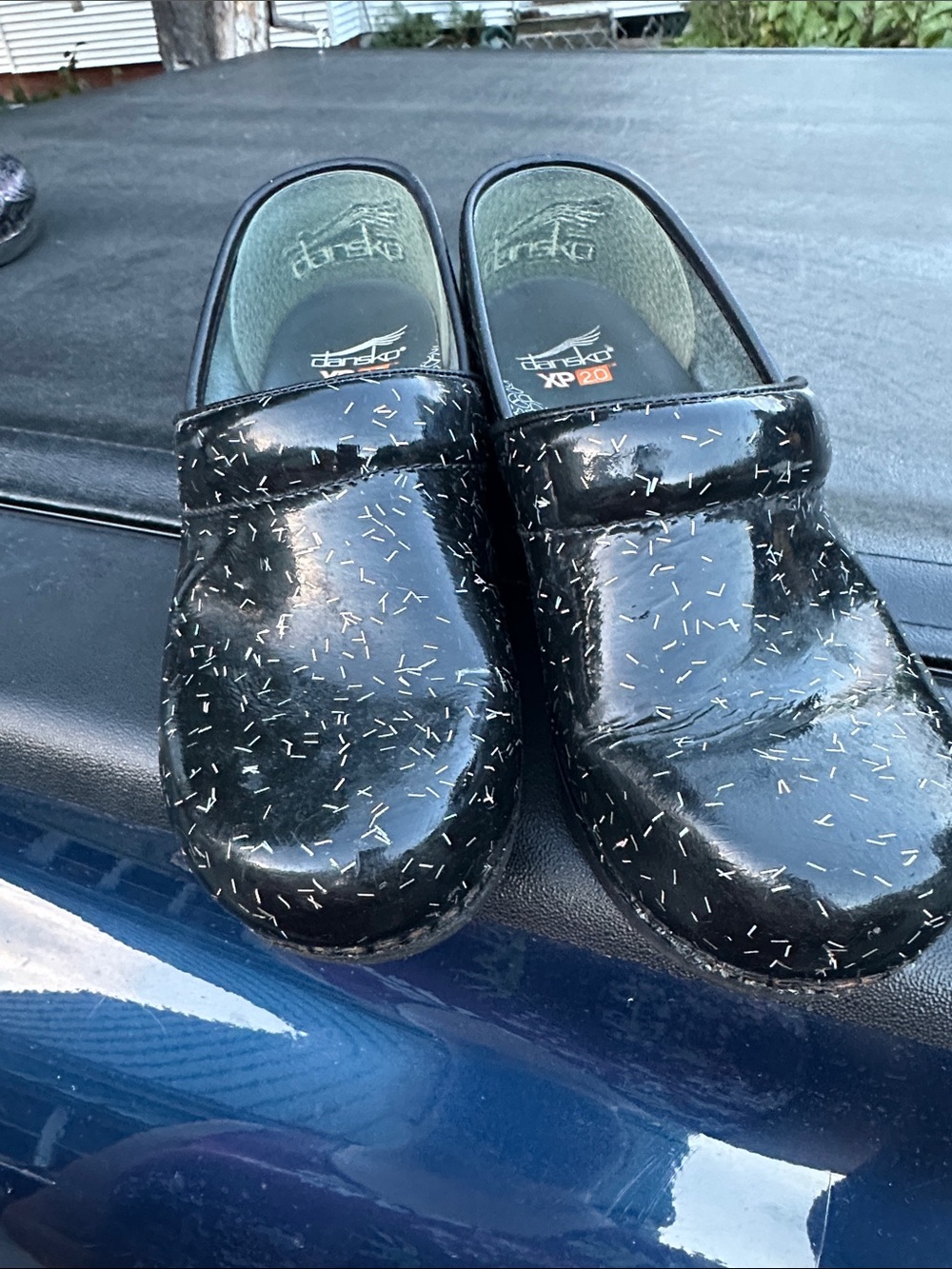 Dansko Kids Black Patent Clogs with Silver Sparkle